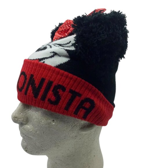 Disney Minnie Mouse Fashionista Knit Beanie Bow & Ears Adult One Size Black Red - Picture 2 of 6